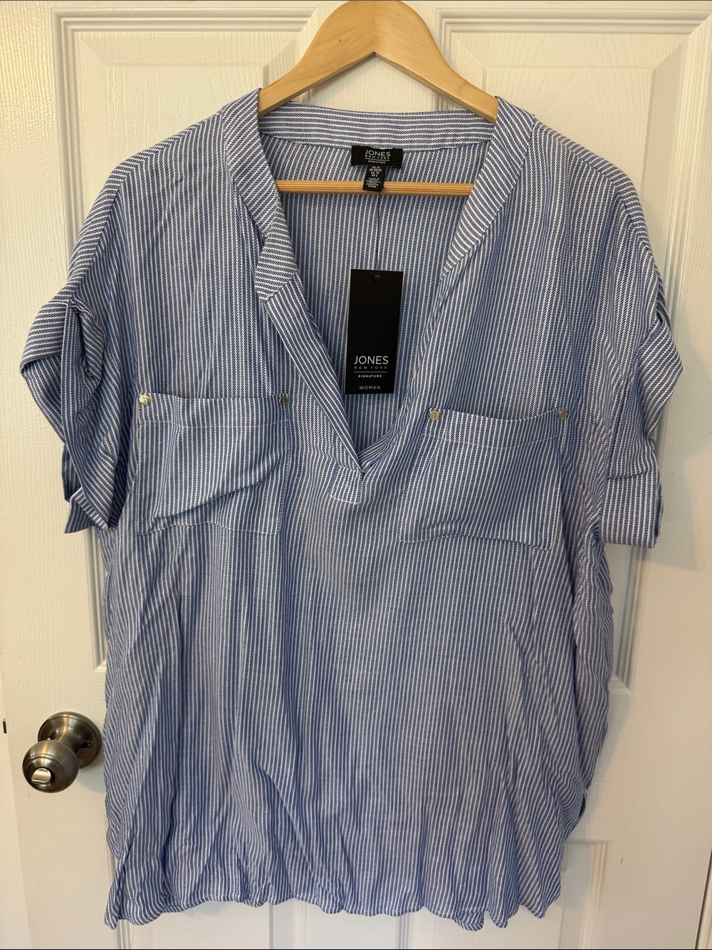 Jones New York Light Blue and White Pinstripe V-Neck Tunic
